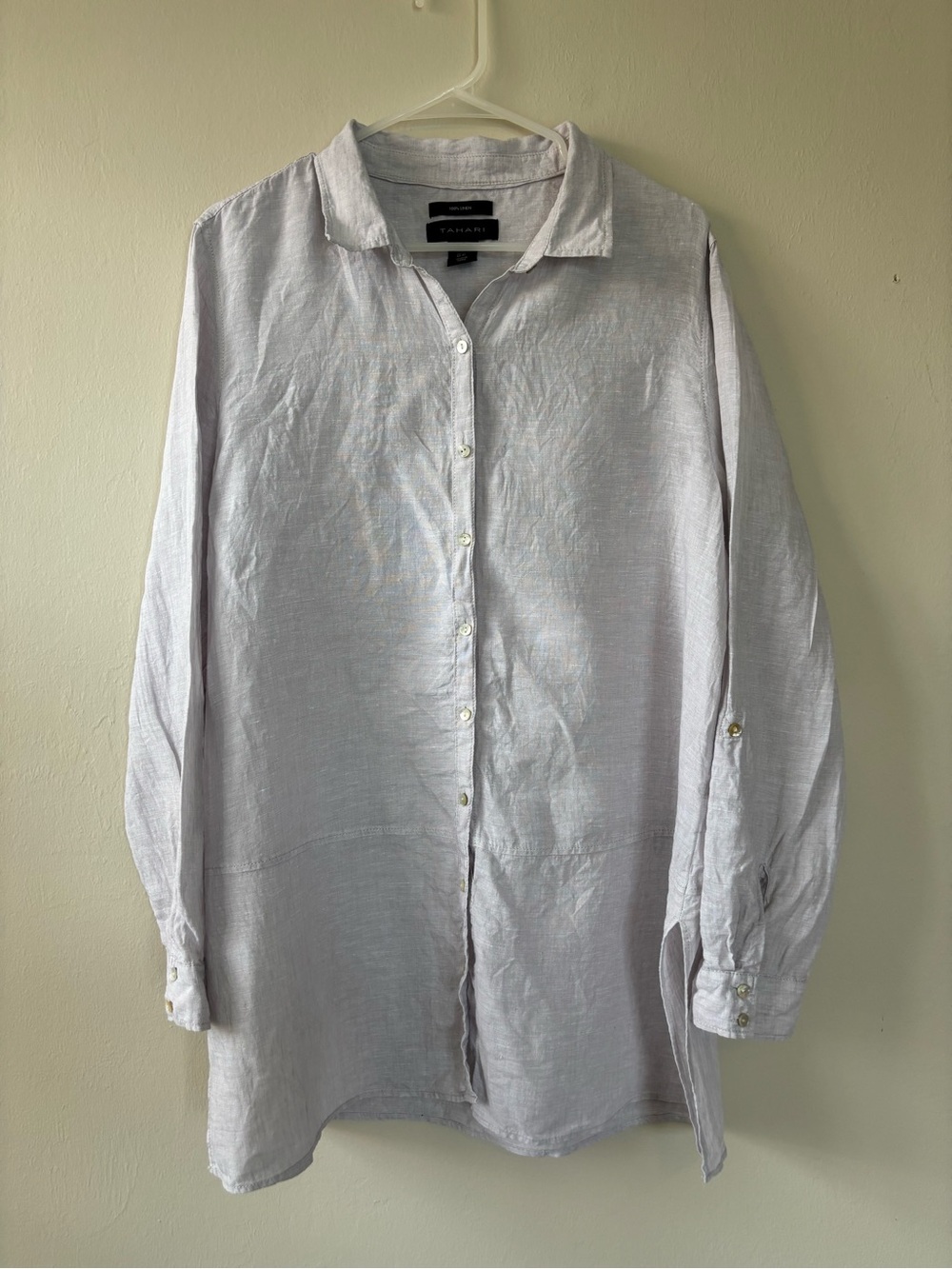 Tahari 100% Linen Tunic Shirt Womens XL Light Gray Button Up Lagenlook